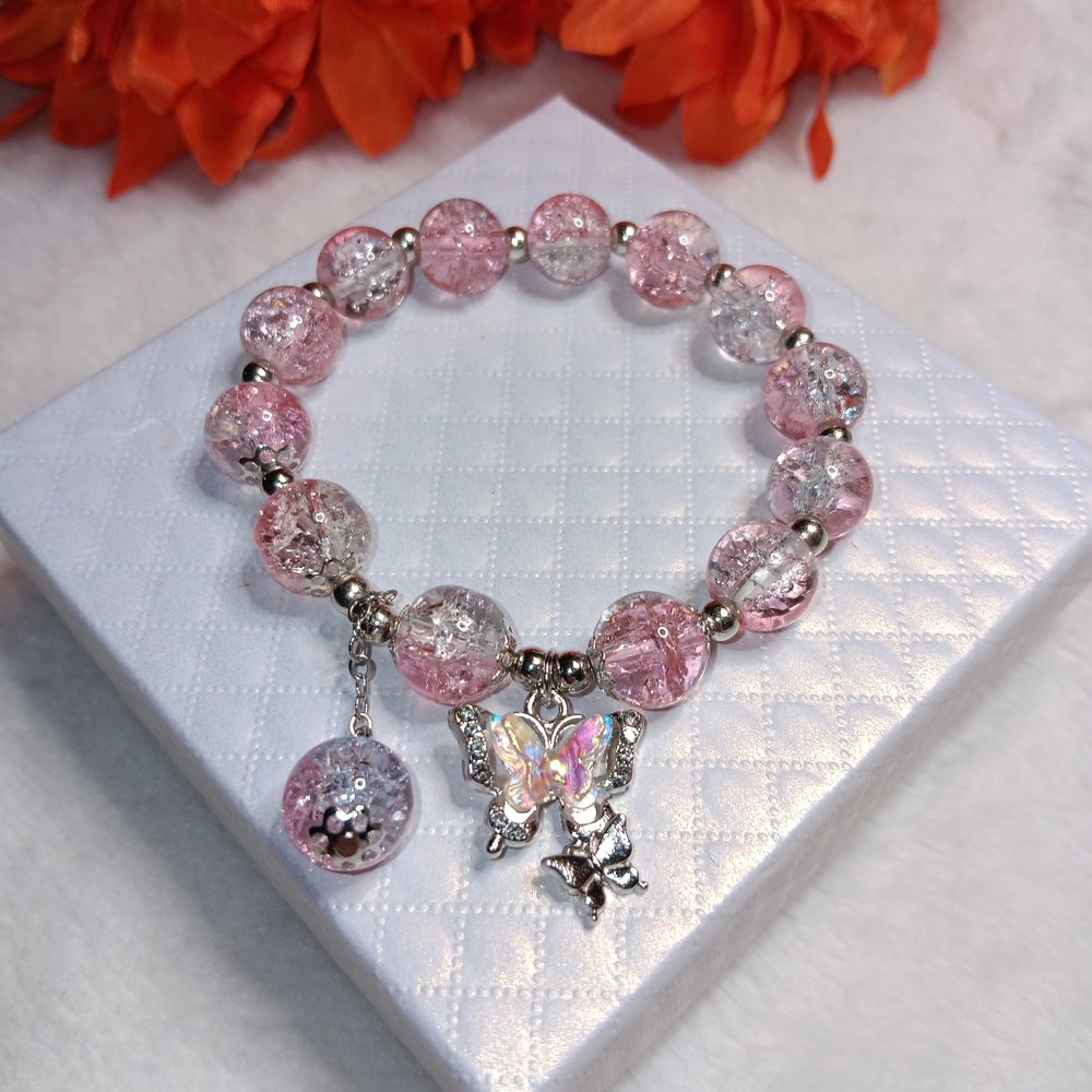 Elegant Pink and Silver Butterfly Charm Beaded Bracelet